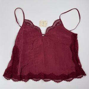 Free People Lace Camisole XL Wine Pomegranate Adjustable Strap Bow Accent